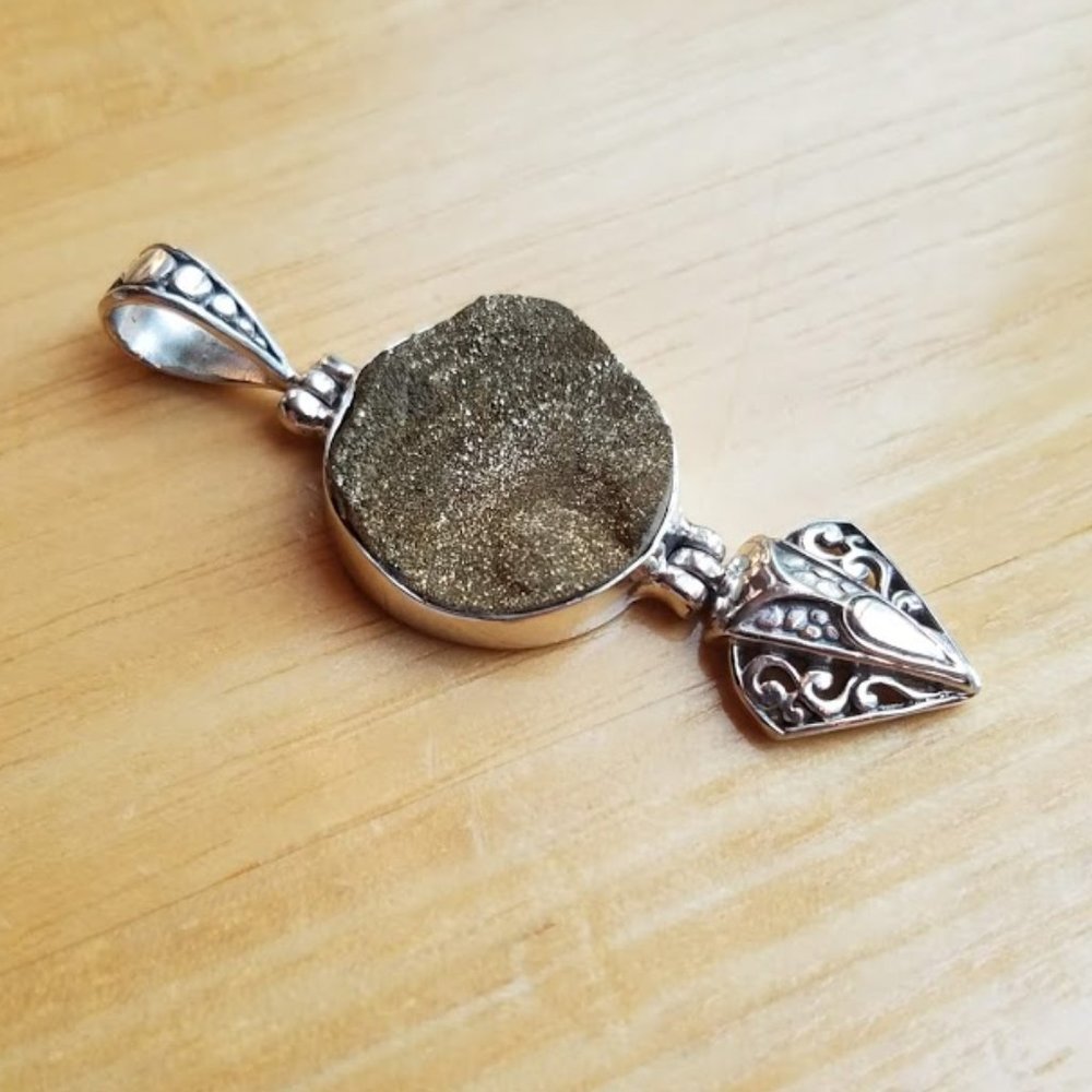 Gold Druzy & Filigree Sterling Silver Pendant Handmade Statement Piece Art Wear